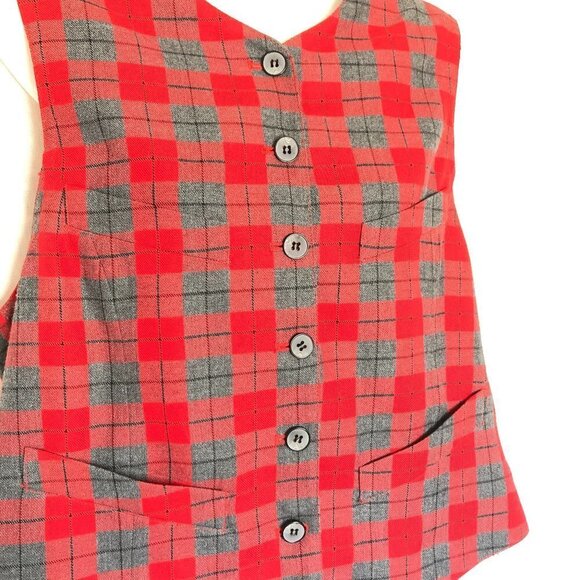 UGLY SWEATER VEST - Chaus Christmas Plaid Vest Red and Grey Flannel - Picture 4 of 9